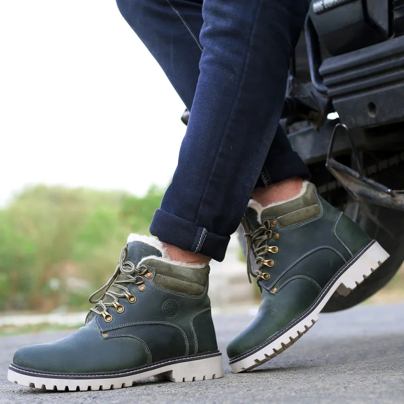 Bacca Bucci Olive Moscow Leather Biker Boots with Fur for Hiking for Men | Best Price UAE